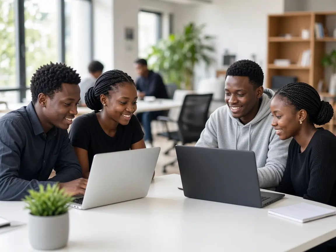 Young African learners collaborating on laptops in a bright modern classroom